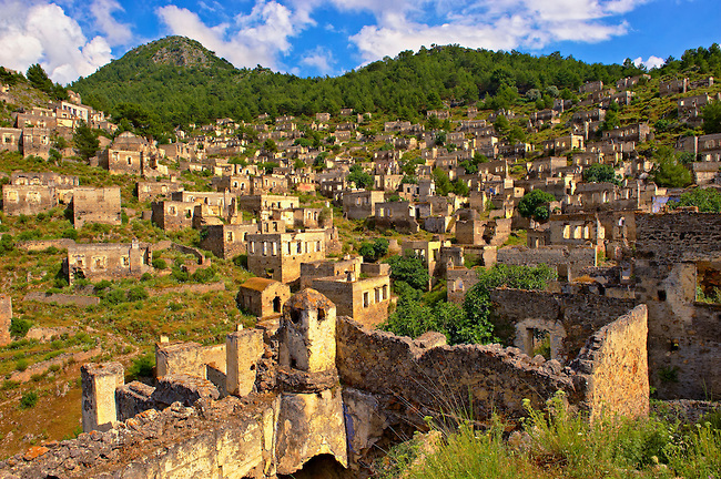 Kayaköy (Kayakoy) or Karmylassos, an abandoned Greek Village 8km from Fethiye in Turkey whose inhabitants left as part of a population exchange agreement between the Turkish and Greek governments in 1923 after the Greco Turkish War.